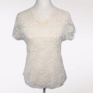 Sheer Ivory Lace V-Neck Short Sleeve Top XS